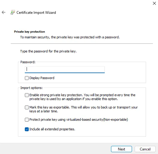 certificate import wizard - private key protection