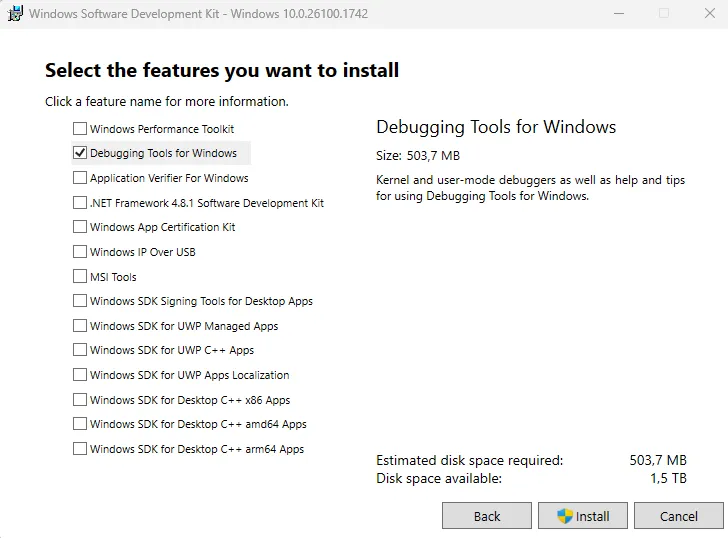 Windows SDK - Installation Debugging Tools